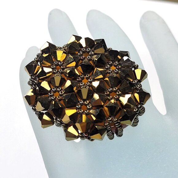 Sparkling Crystal Bicone Beads Cluster Ring Glitter Beaded Stretch Ring - Picture 4 of 10